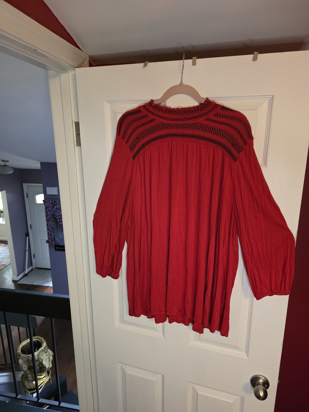Lane Bryant Red Long Sleeve Smocked Yoke Blouse